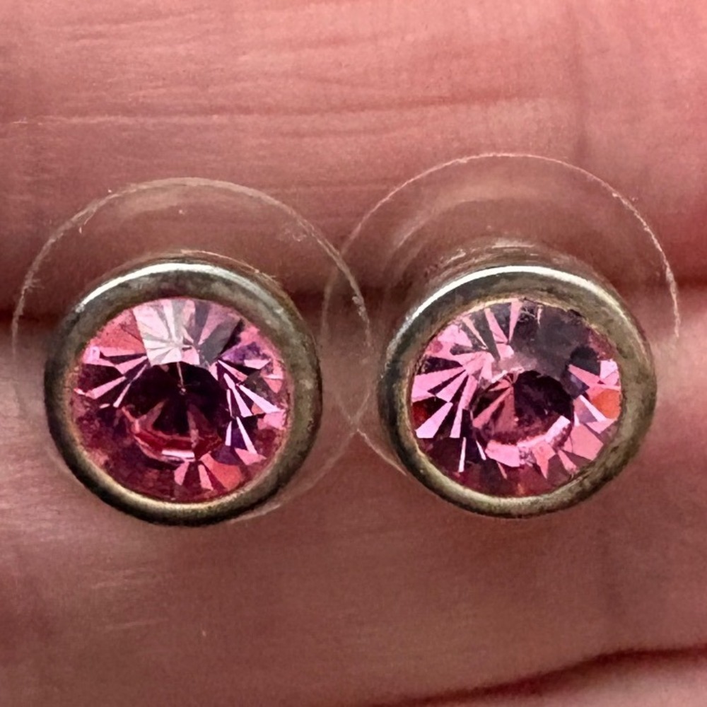 Swarovski Pink Crystal Bezel Set Stud Earrings Silver Tone October‎